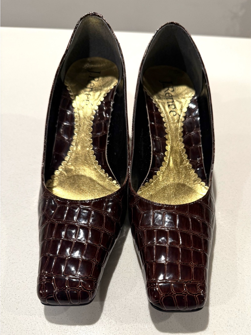 J.Renee Burgundy Croc-Embossed Square-Toe Pumps